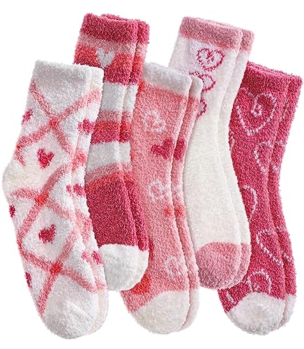 SDBING Fuzzy Socks for Women Soft Fluffy Home Sleeping Socks Cozy Warm Slipper Socks 6 or 5 Pairs (5 Pairs Pink Hearts) - Image 1