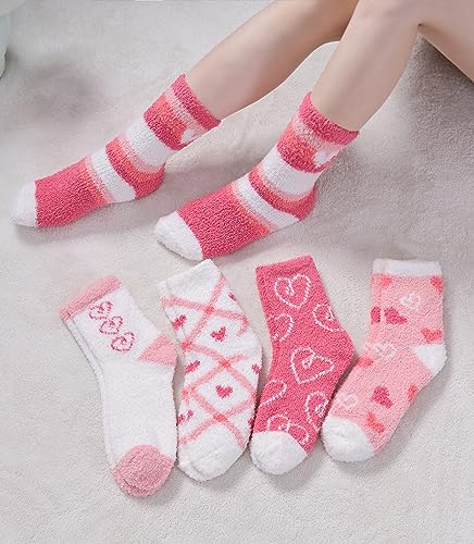 SDBING Fuzzy Socks for Women Soft Fluffy Home Sleeping Socks Cozy Warm Slipper Socks 6 or 5 Pairs (5 Pairs Pink Hearts) - Image 4