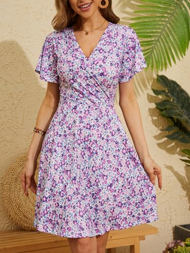 FENSACE Womens Summer Dresses Beach Wrap V Neck Wedding Guest Dress(Floral-27,X-Large) - Image 3