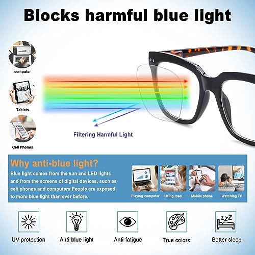 CHOFILORD 6 Pack Fashion Reading Glasses for Women Men Blue Light Blocking Oversized Square Readers with Spring Hinge (6 Pack Colorful B, 2.25) - Image 3