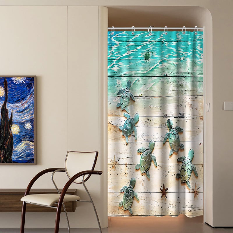 Final Friday Green Beach Sea Turtle Shower Curtain Nautical Teal Theme Fabric Bathroom Blue Ocean Decor with Grommets and Hooks 72 x 72 Inch Blue - Image 3