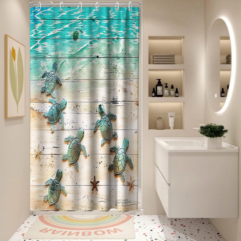 Final Friday Green Beach Sea Turtle Shower Curtain Nautical Teal Theme Fabric Bathroom Blue Ocean Decor with Grommets and Hooks 72 x 72 Inch Blue - Image 2