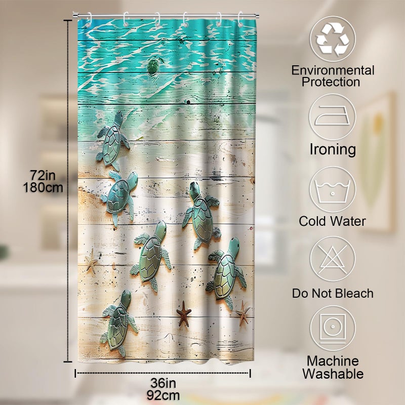 Final Friday Green Beach Sea Turtle Shower Curtain Nautical Teal Theme Fabric Bathroom Blue Ocean Decor with Grommets and Hooks 72 x 72 Inch Blue - Image 4