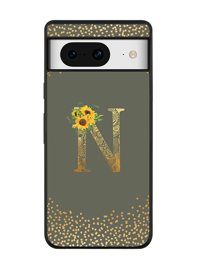 Stylizedd Rugged Black Edge case for Google Pixel 8 Case Cover - Custom Monogram Initial Letter Mandala Floral Pattern Alphabet - N (Olive Green) - Image 1