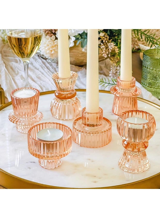 Kate Aspen Doube Sided Vintage Ribbed Rose Gold Pink Glass Candlestick Holders, Pillar Candle, Tealight & Votive Candle Holders (Set of 6, 3 Sizes), Dining Table Decor, Shelf Decor, Centerpiece - Image 1