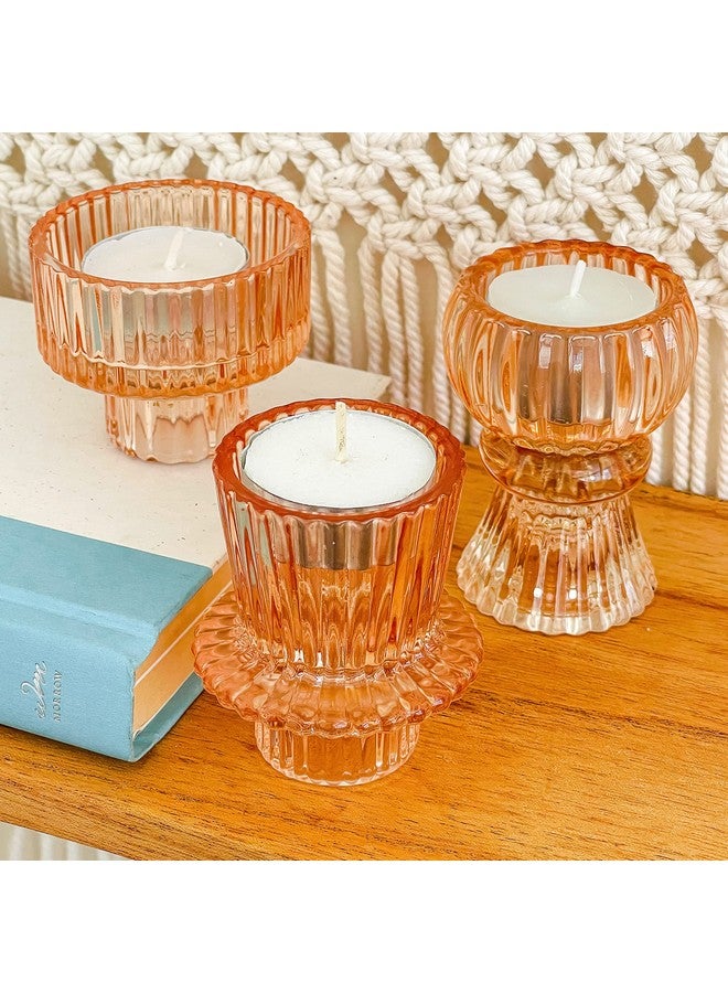 Kate Aspen Doube Sided Vintage Ribbed Rose Gold Pink Glass Candlestick Holders, Pillar Candle, Tealight & Votive Candle Holders (Set of 6, 3 Sizes), Dining Table Decor, Shelf Decor, Centerpiece - Image 4