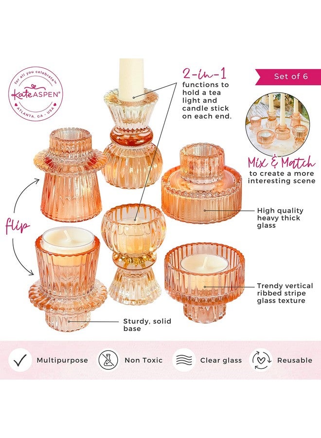 Kate Aspen Doube Sided Vintage Ribbed Rose Gold Pink Glass Candlestick Holders, Pillar Candle, Tealight & Votive Candle Holders (Set of 6, 3 Sizes), Dining Table Decor, Shelf Decor, Centerpiece - Image 5