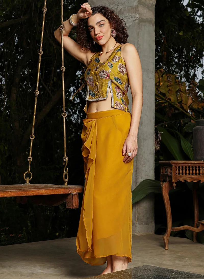 QISSA Women's Mustard Yellow Ethereal Blossom Co-Ord Set