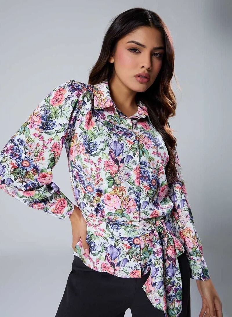 Zigzag Long Sleeve Waist Tie Printed Top