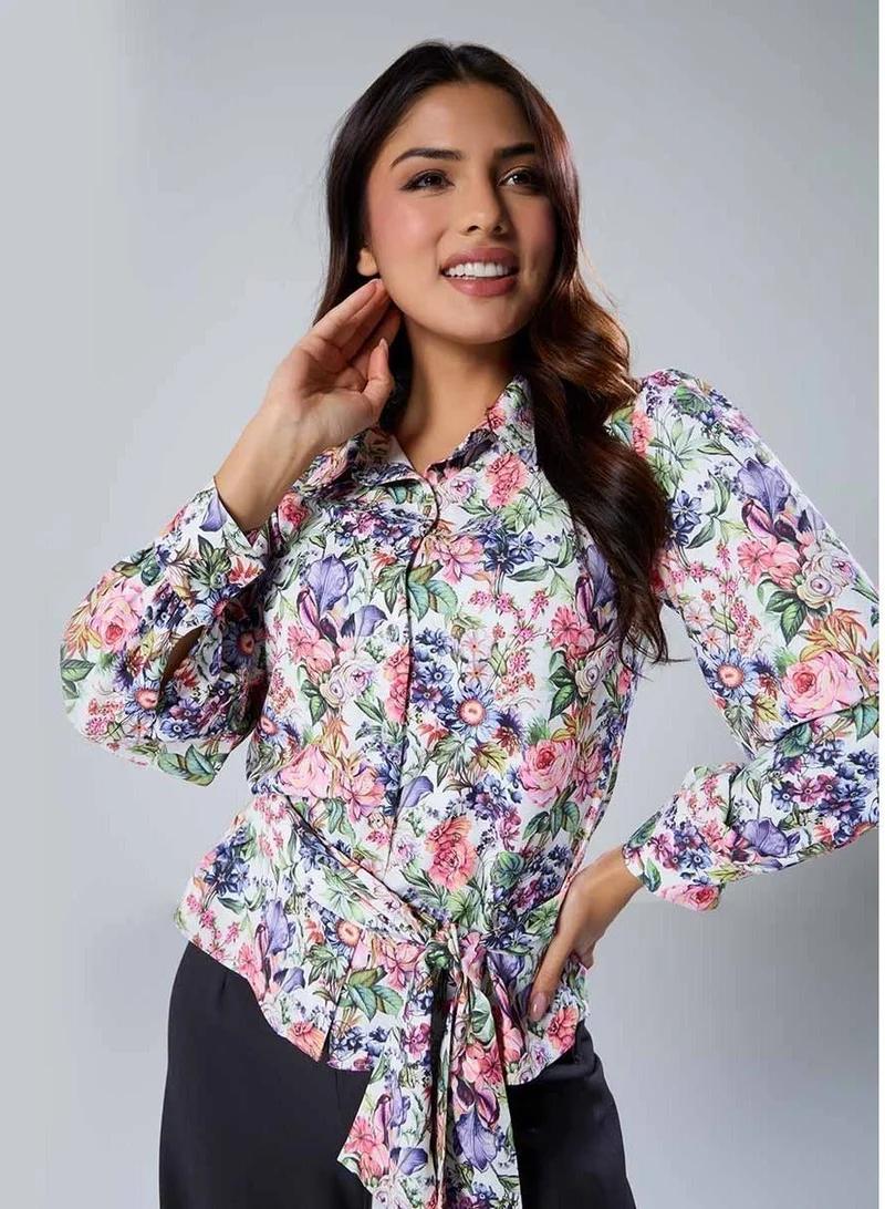 Zigzag Long Sleeve Waist Tie Printed Top