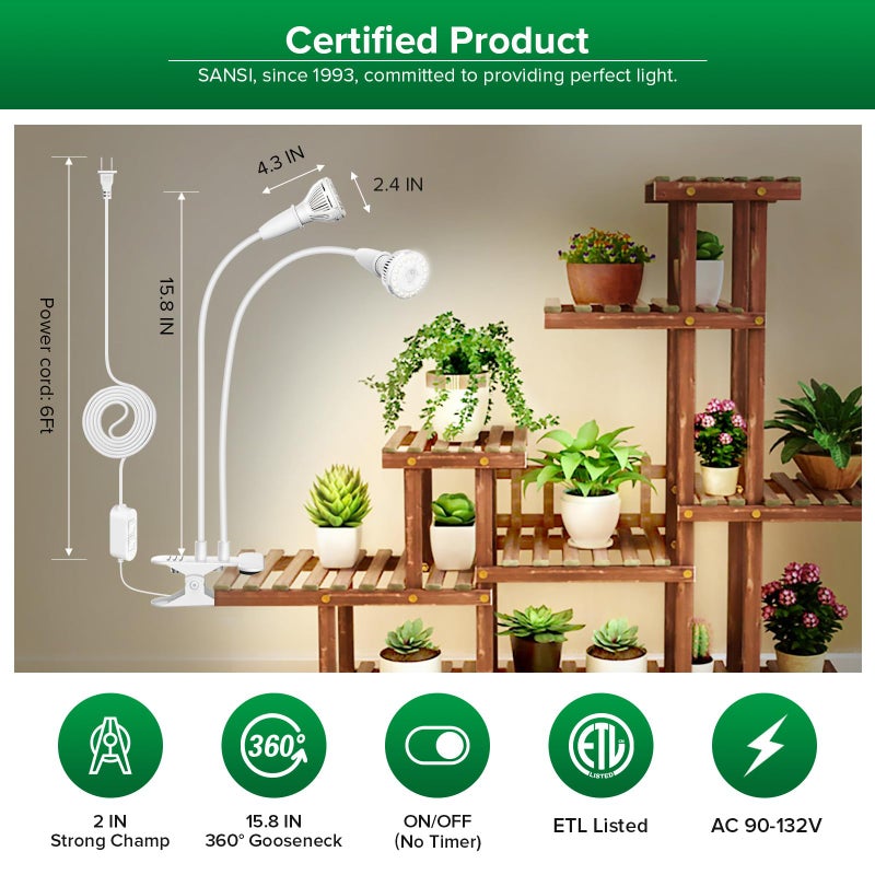SANSI LED Grow Lights for Indoor Plants, 300W Full Spectrum Clip-on Gooseneck Grow Light with Ceramic Tech.,20W Plant Light for Indoor Growing High PPFD, Lifetime Free Bulb Replacement White, No Timer - Image 4