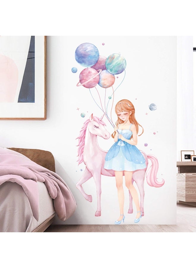 ROFARSO Colorful Cute Lovely Girl Maiden With Unicorn Balloon Planet Wall Stickers for Kids Peel and Stick Removable Wall Decals DIY Decorations Decor for Nursery Baby Girls Bedroom Playroom Living Room  - Image 1