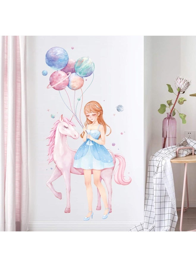 ROFARSO Colorful Cute Lovely Girl Maiden With Unicorn Balloon Planet Wall Stickers for Kids Peel and Stick Removable Wall Decals DIY Decorations Decor for Nursery Baby Girls Bedroom Playroom Living Room  - Image 2
