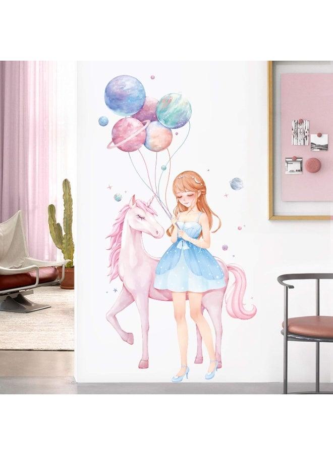 ROFARSO Colorful Cute Lovely Girl Maiden With Unicorn Balloon Planet Wall Stickers for Kids Peel and Stick Removable Wall Decals DIY Decorations Decor for Nursery Baby Girls Bedroom Playroom Living Room  - Image 3