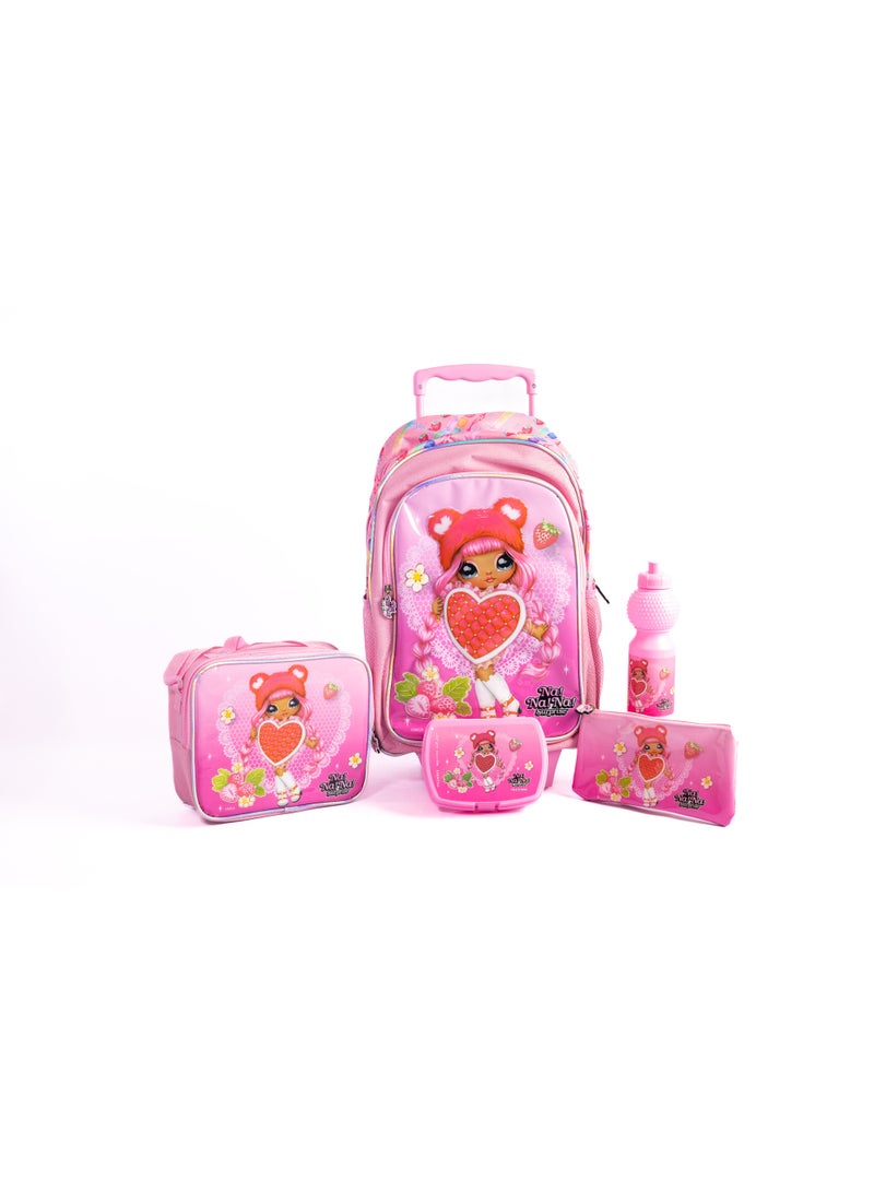NANA 18" Trolley Bag Set with Lunch Bag, Pencil Case, Water Bottle & Lunch Box -Pink - Image 1