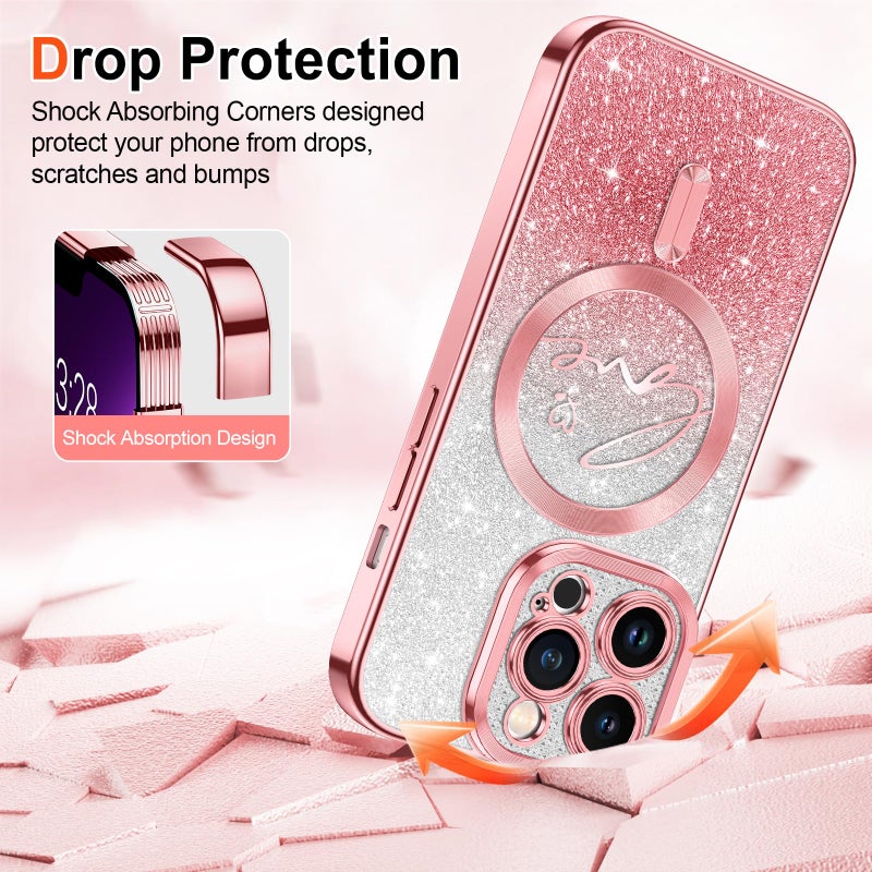 Hython for iPhone 13 Pro Max Case Glitter, Compatible with MagSafe Love Heart Magnetic Clear Phone Cases for Women Girls, Full Camera Protection Sparkle Plating Shockproof Protective Cover, Pink - Image 5
