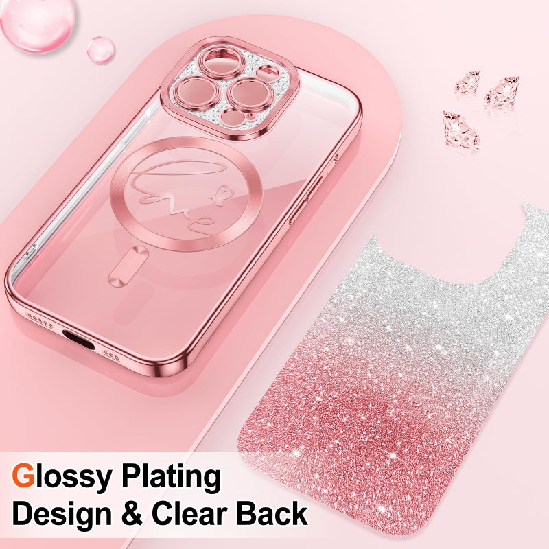 Hython for iPhone 13 Pro Max Case Glitter, Compatible with MagSafe Love Heart Magnetic Clear Phone Cases for Women Girls, Full Camera Protection Sparkle Plating Shockproof Protective Cover, Pink - Image 2