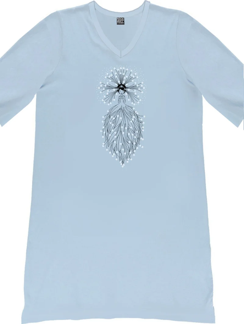 Rock&Roll Star Princess Light Blue V Neck Half Sleeve Knee Length Comfortable Home Dress Nightgown