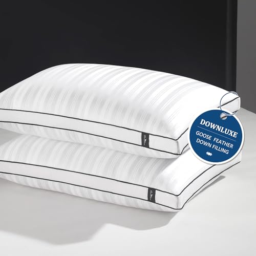 downluxe Goose Down Pillows  2 Pack Gusseted Hotel Collection Feather Pillows for Back Stomach or Side Sleepers Down Pillows King Size Set of 2 18x34x2