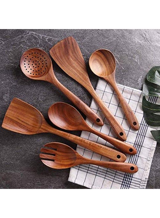 Handmade Wooden Non Stick Serving And Cooking Spoon Kitchen Tools Utensil Set Of 6 - Image 2