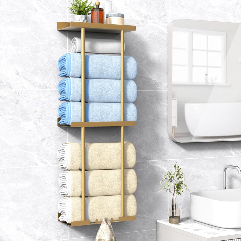 Liuoud Towel Rack for Bathroom Wall Mounted Vertical Rolled Towel Storage Organizer Holder with Shelf Holds Up 6 Large Bath Sheets Gold Large Size - Image 2