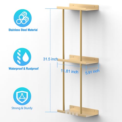 Liuoud Towel Rack for Bathroom Wall Mounted Vertical Rolled Towel Storage Organizer Holder with Shelf Holds Up 6 Large Bath Sheets Gold Large Size - Image 3