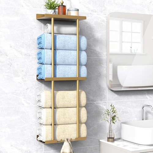 Liuoud Towel Rack for Bathroom Wall Mounted Vertical Rolled Towel Storage Organizer Holder with Shelf Holds Up 6 Large Bath Sheets Gold Large Size - Image 1