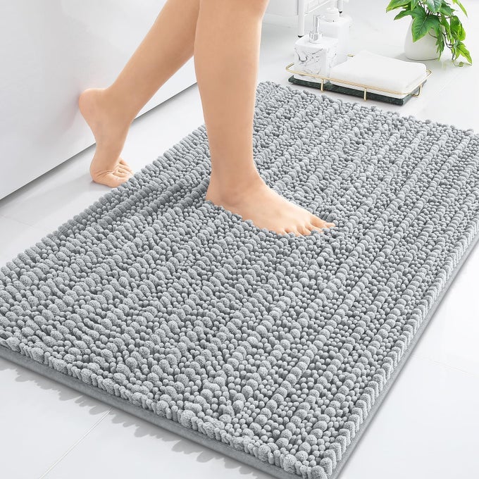 LUXURY CHENILLE BATHROOM RUG MAT EXTRA SOFT THICK ABSORBENT SHAGGY BATH RUGS NONSLIP MACHINE WASH DRY PLUSH BATH MATS FOR BATHROOM SHOWER AND TUB 24X16 LIGHT GREY