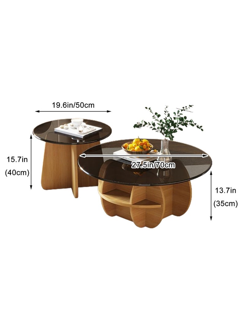 XiuWoo Round Coffee Tables Set of 2, Geometric Glass Top with Solid Wood Base Coffee Table for Living Room with Storage Compartment Space, Farmhouse Center Table for Living Room Home Office Black 70+50 cm - Image 2
