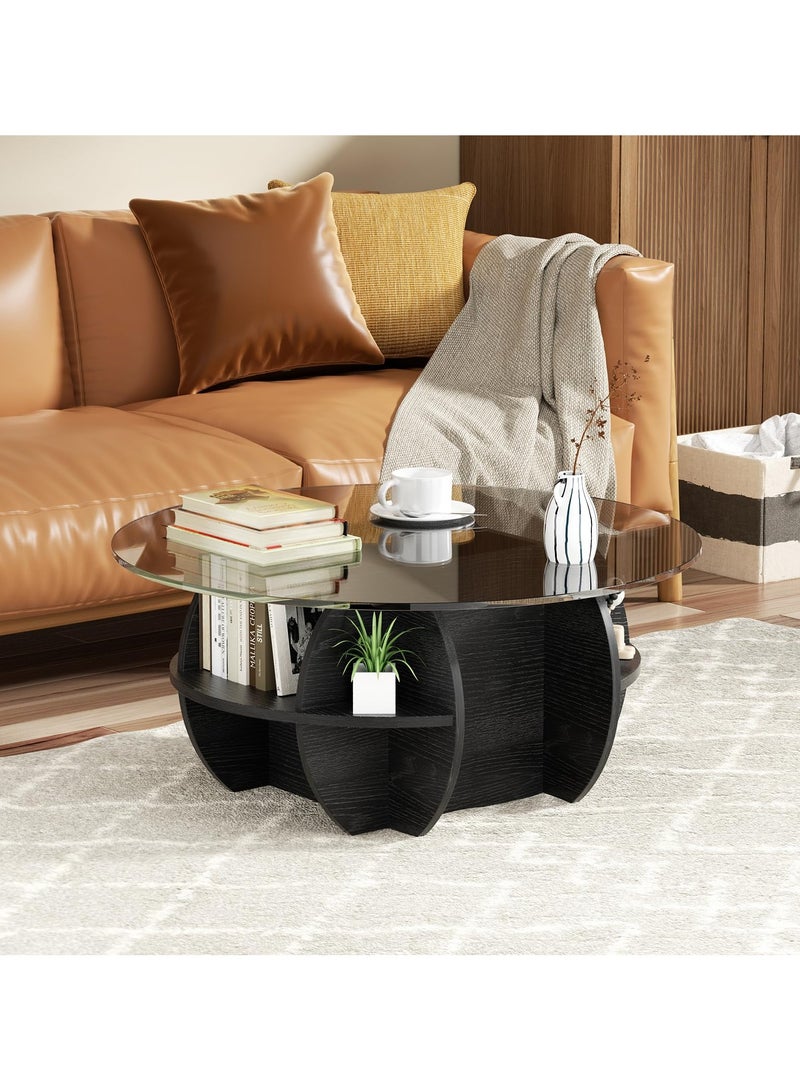 XiuWoo Round Coffee Tables Set of 2, Geometric Glass Top with Solid Wood Base Coffee Table for Living Room with Storage Compartment Space, Farmhouse Center Table for Living Room Home Office Black 70+50 cm - Image 3