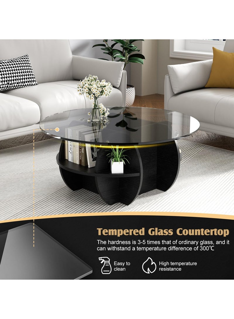 XiuWoo Round Coffee Tables Set of 2, Geometric Glass Top with Solid Wood Base Coffee Table for Living Room with Storage Compartment Space, Farmhouse Center Table for Living Room Home Office Black 70+50 cm - Image 5