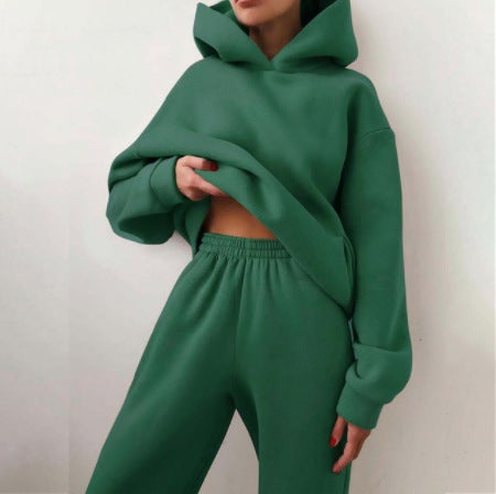 2022 cross-border spring and autumn fashion casual hooded sweater two-piece long sleeve solid color fleece skinny casual suit Dark green