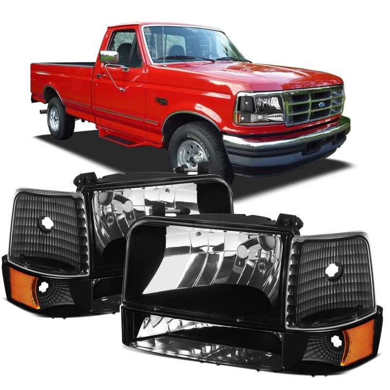Cxdar Headlights for 19921996 Ford F150 Bronco LED Headlight Assembly for 9297 F250 F350 Super Duty Black Housing Amber Reflector