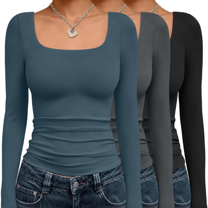 AUTOMET 3 Pack Womens Long Sleeve Shirts Fall Fashion Scoop Neck Crop Tops Basic Layer Slim Fit Y2K Clothes Grey Haze Blue XS - Image 1