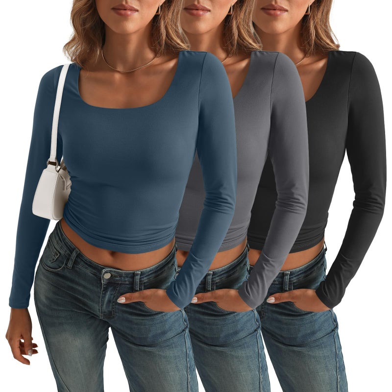 AUTOMET 3 Pack Womens Long Sleeve Shirts Fall Fashion Scoop Neck Crop Tops Basic Layer Slim Fit Y2K Clothes Grey Haze Blue XS - Image 2
