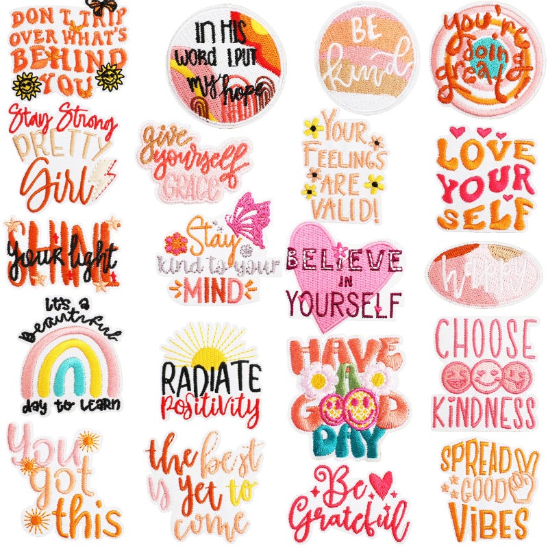 Jongdari 20pcs Positive Affirmations Iron on Patches, Pink Cute Teens Boho Positive Quotes Embroidered Girly Trucker Hat Sew on Applique Patches for Bags Clothes Jackets - Image 1