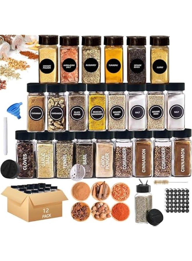 TRASSLE 12 Pcs Glass Spice Jars with Lids, Glass Salt and Pepper Shakers Set, 4 oz Glass Jars with Minimalist Spice Labels Stickers, Shaker Lids and Airtight Caps, Collapsible Funnel Included - Image 1