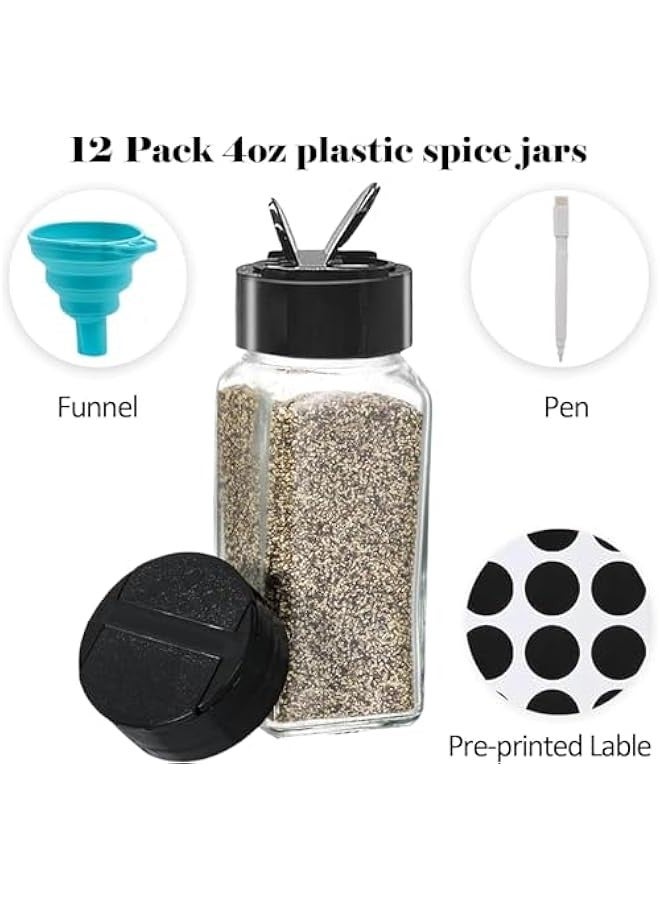 TRASSLE 12 Pcs Glass Spice Jars with Lids, Glass Salt and Pepper Shakers Set, 4 oz Glass Jars with Minimalist Spice Labels Stickers, Shaker Lids and Airtight Caps, Collapsible Funnel Included - Image 2
