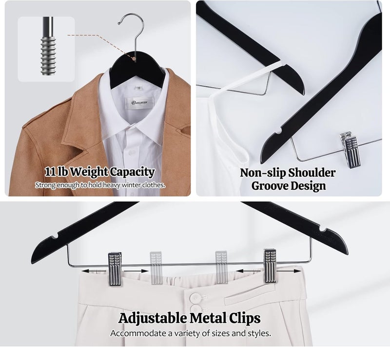 HOUISM HOUSM Wooden Suit & Skirt Hangers with Heavy-Duty Clips, Premium Solid Wood Pants Hangers, Smooth Finish - Black, 16Pack for Coats, Jeans, Blouses - Image 4