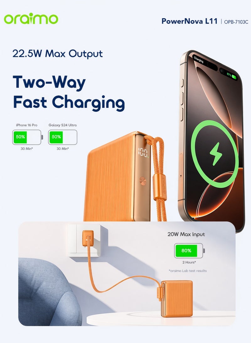 أورايمو بنك طاقة ميني 10000 مللي أمبير، شحن سريع 22.5 واط، بحجم الجيب، كابل USB-C مدمج، شحن متزامن للهواتف الذكية، الأجهزة اللوحية، سماعات الأذن والمزيد، بنك طاقة بحجم الجيب لسلسلة آيفون 17 سامسونج OPB-7103C - برتقالي - Image 3