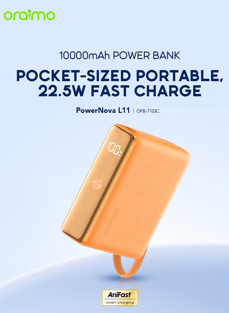 أورايمو بنك طاقة ميني 10000 مللي أمبير، شحن سريع 22.5 واط، بحجم الجيب، كابل USB-C مدمج، شحن متزامن للهواتف الذكية، الأجهزة اللوحية، سماعات الأذن والمزيد، بنك طاقة بحجم الجيب لسلسلة آيفون 17 سامسونج OPB-7103C - برتقالي - Image 2