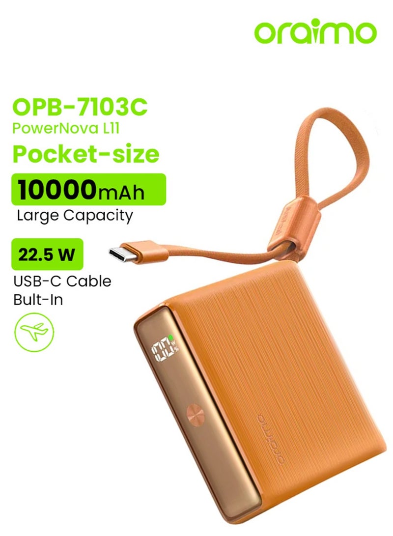 أورايمو بنك طاقة ميني 10000 مللي أمبير، شحن سريع 22.5 واط، بحجم الجيب، كابل USB-C مدمج، شحن متزامن للهواتف الذكية، الأجهزة اللوحية، سماعات الأذن والمزيد، بنك طاقة بحجم الجيب لسلسلة آيفون 17 سامسونج OPB-7103C - برتقالي - Image 1