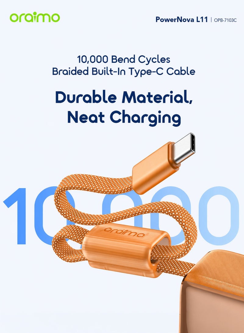أورايمو بنك طاقة ميني 10000 مللي أمبير، شحن سريع 22.5 واط، بحجم الجيب، كابل USB-C مدمج، شحن متزامن للهواتف الذكية، الأجهزة اللوحية، سماعات الأذن والمزيد، بنك طاقة بحجم الجيب لسلسلة آيفون 17 سامسونج OPB-7103C - برتقالي - Image 5