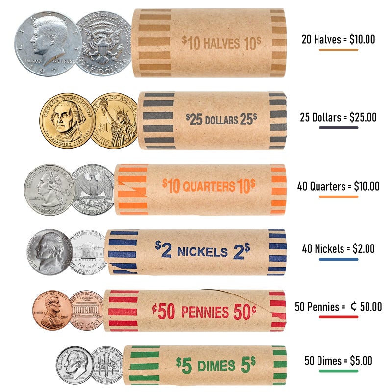 L LIKED Preformed Coin Roll Wrappers (72 Assorted) -12 Quarters, 12 Pennies, 12 Nickels 12 Dimes, 12 Dollars and 12 Halves (72 pcs) - Image 3