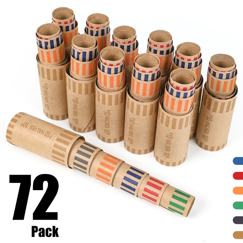 L LIKED Preformed Coin Roll Wrappers (72 Assorted) -12 Quarters, 12 Pennies, 12 Nickels 12 Dimes, 12 Dollars and 12 Halves (72 pcs) - Image 2