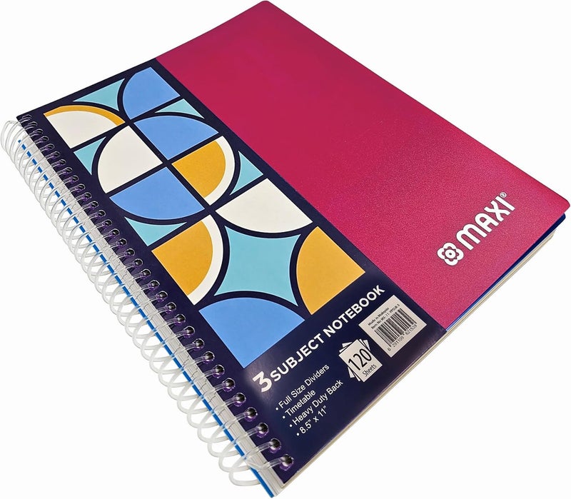 Maxi 1pc Maxi Spiral Polypropylene 3 Subject Notebook - Assorted Colors, 120 Sheets, 11 x 8.5 inches - Image 3