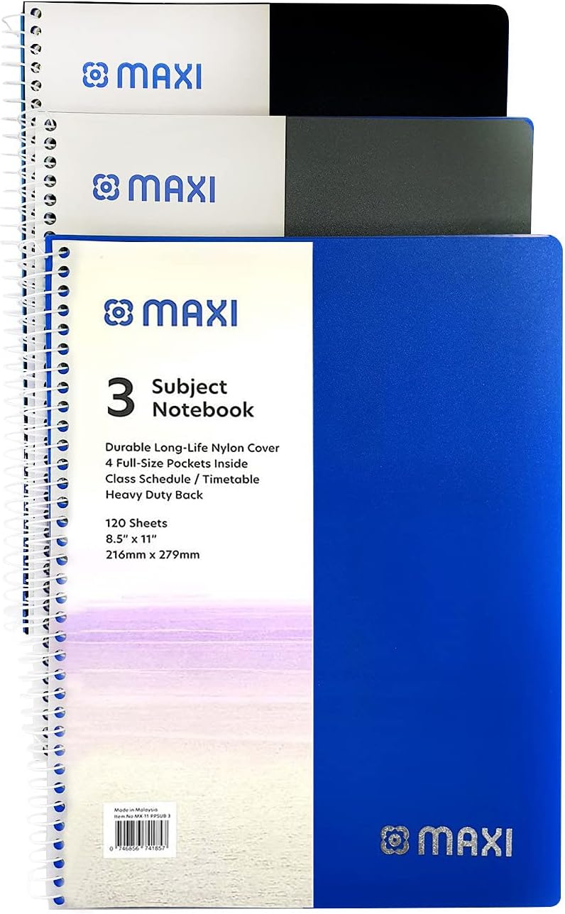 Maxi 1pc Maxi Spiral Polypropylene 3 Subject Notebook - Assorted Colors, 120 Sheets, 11 x 8.5 inches - Image 2