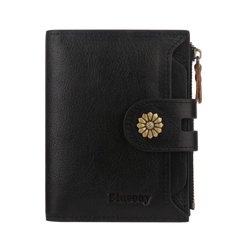 Blucoay Wallet Women,RFID Blocking Leather Womens Wallet Bifold Compact Card Holder Small Wallet for Women with Removable ID Window Black - Image 1
