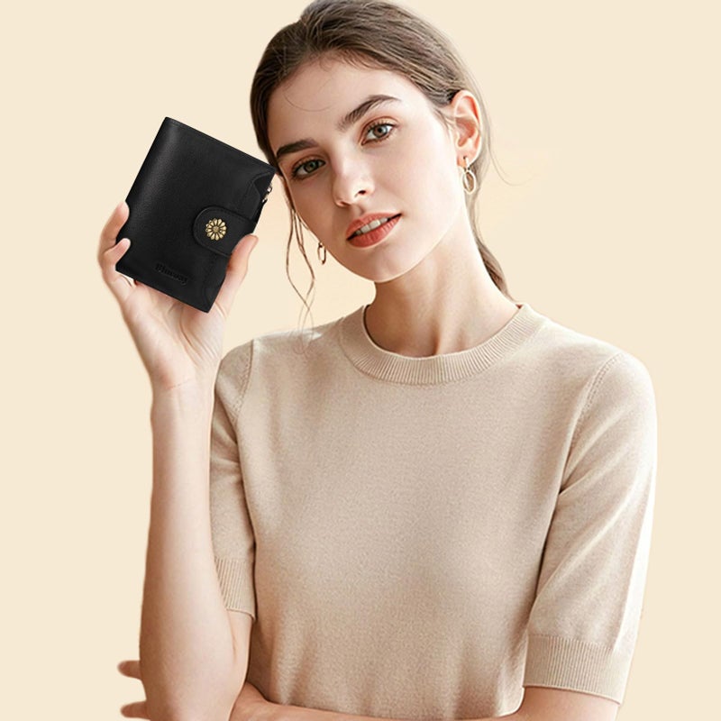 Blucoay Wallet Women,RFID Blocking Leather Womens Wallet Bifold Compact Card Holder Small Wallet for Women with Removable ID Window Black - Image 2