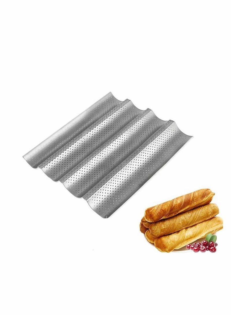 الأزرق جي دبليو Baguette Baking Tray Non-Stick Perforated French Bread Stick Pan Mould Loaf 4 Trough Loaves Wave Baker for Oven (Silver) - Image 1